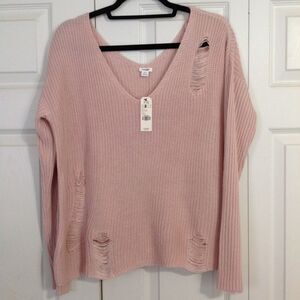 GARAGE NWT Boxy Distressed Slouchy V-Neck Peach Whip Sweater Small Boho Chic